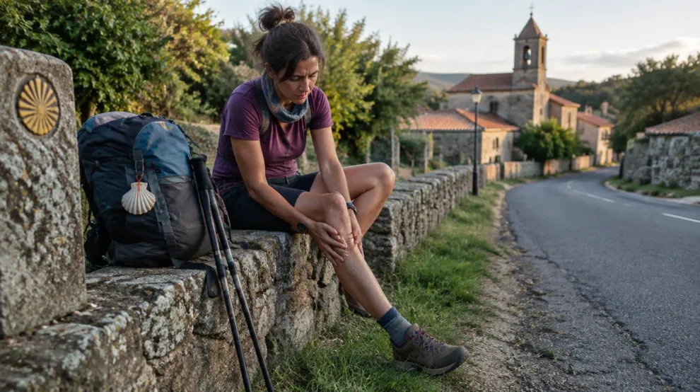 Peregrino massageando a panturrilha: dores comuns no Caminho de Santiago