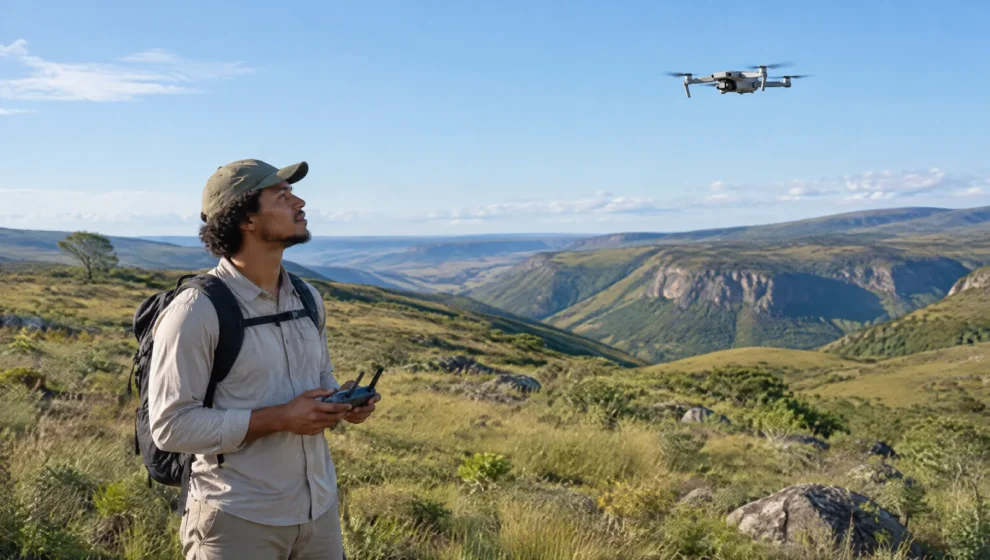 Viajante pilotando um drone compacto num descampado aberto de serra, com o drone visível no céu