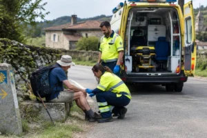 Ambulância atendendo peregrino em emergência médica no Caminho de Santiago