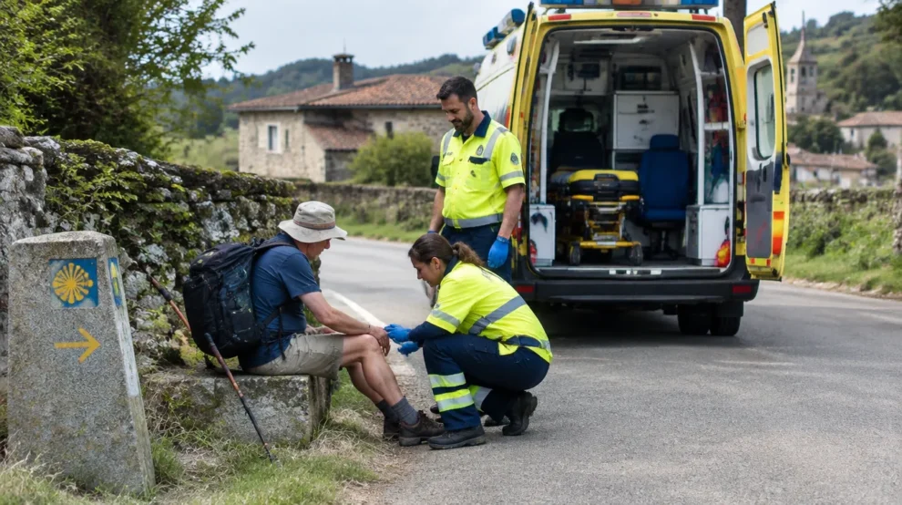Ambulância atendendo peregrino em emergência médica no Caminho de Santiago