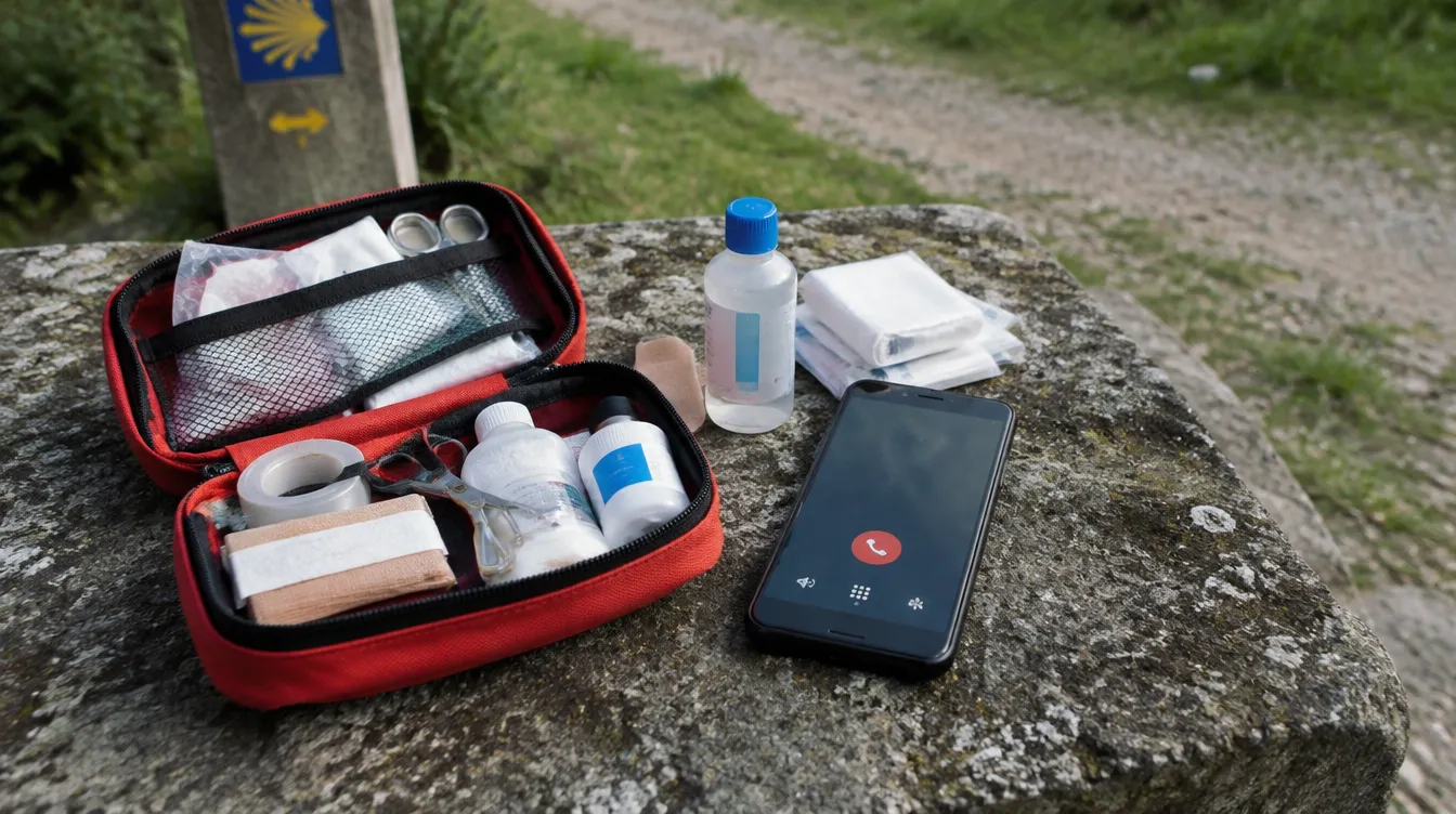 Kit de primeiros socorros e celular para emergência médica no Caminho de Santiago