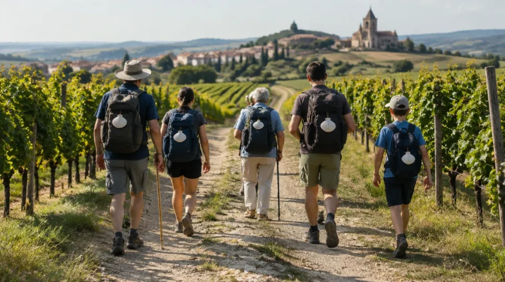 Grupo de peregrinos entre vinhedos, encontros inesperados no Caminho de Santiago