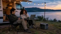Casal ao lado de um motorhome estacionado à beira de um lago, com estação de energia portátil alimentando luzes de acampamento