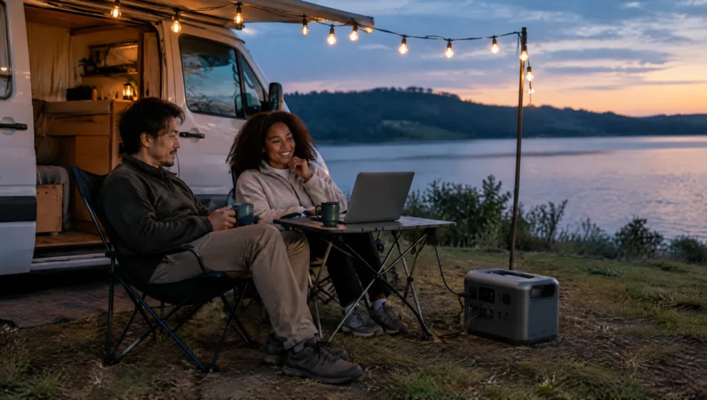 Casal ao lado de um motorhome estacionado à beira de um lago, com estação de energia portátil alimentando luzes de acampamento