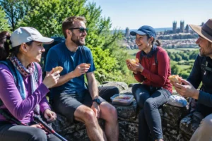Peregrinos de vários países rindo juntos numa pausa: fazer amigos no Caminho de Santiago