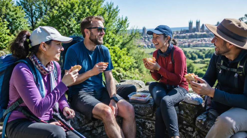 Peregrinos de vários países rindo juntos numa pausa: fazer amigos no Caminho de Santiago