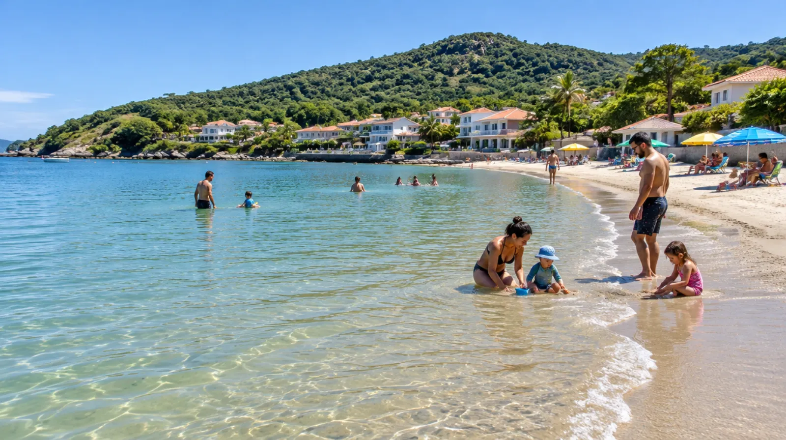 Famílias com crianças em praia de mar calmo e água transparente, com morros verdes ao fundo