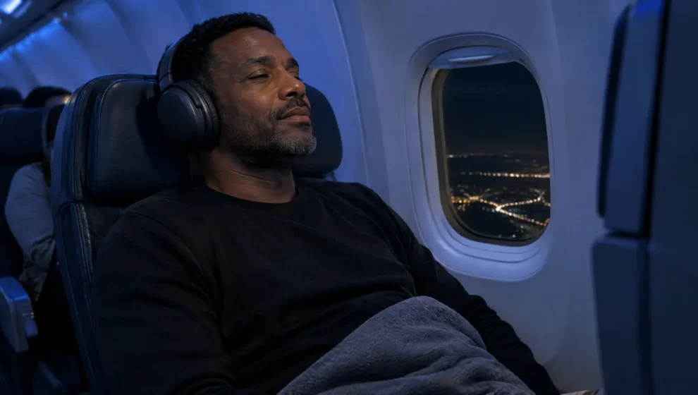 Viajante com fone de ouvido grande descansando na poltrona da janela de um avião durante voo noturno