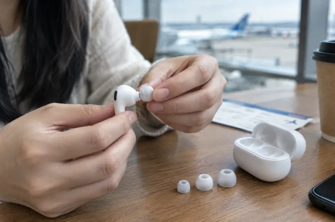 Mãos trocando a ponteira de silicone de um fone intra-auricular ao lado do estojo aberto numa mesa de café de aeroporto