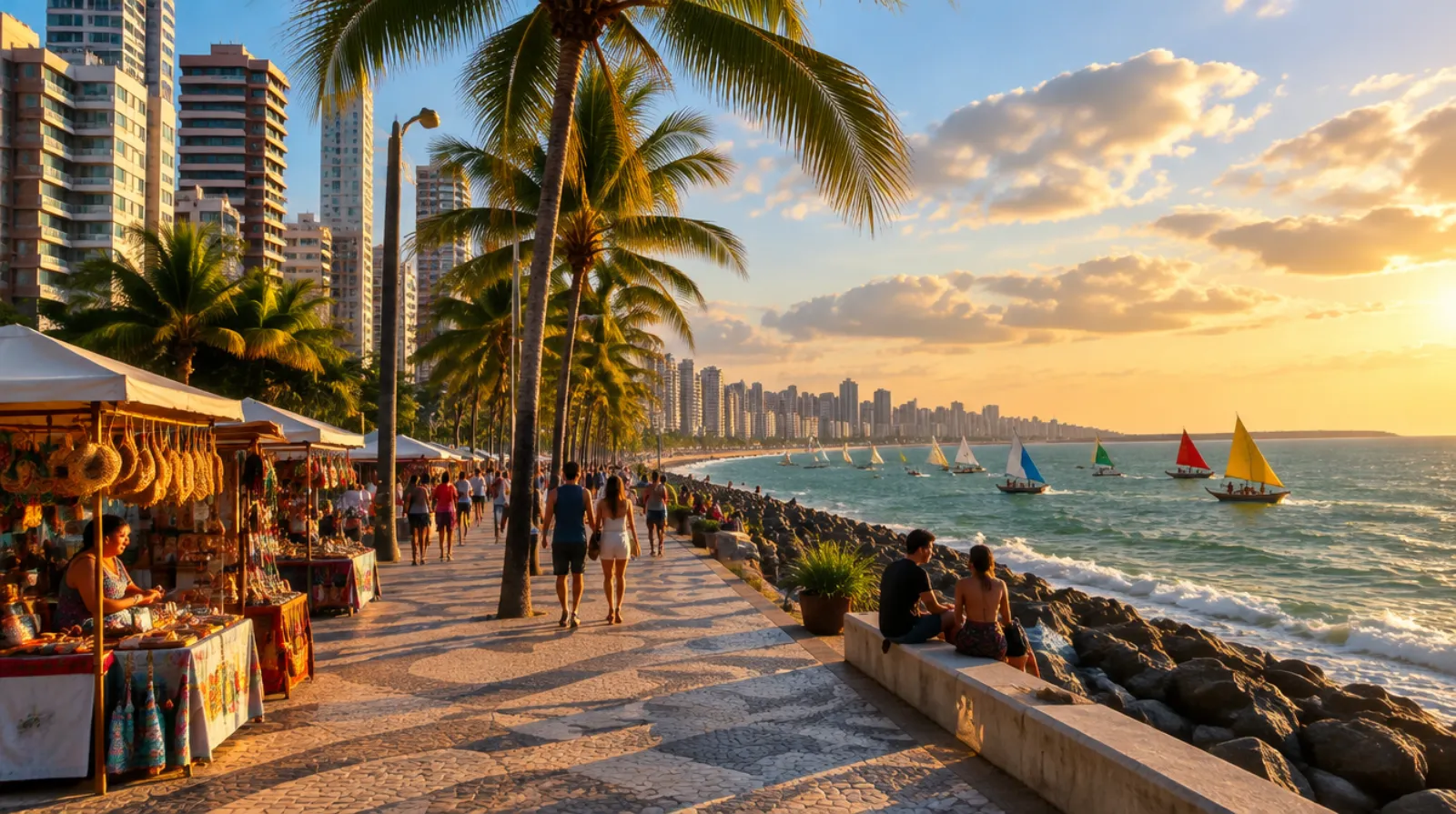 Calçadão à beira-mar com feira de artesanato, coqueiros, prédios e jangadas no mar ao entardecer