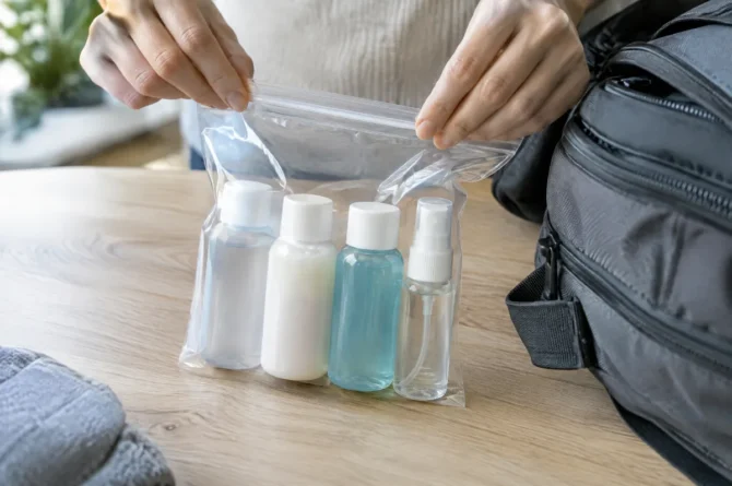 Frascos de viagem pequenos dentro de um saco plástico transparente com fecho sobre a mesa ao lado de uma mochila