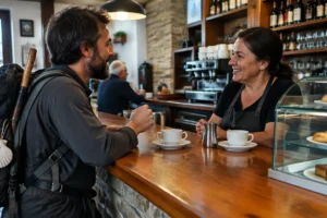 Peregrino usando frases em espanhol para pedir café em bar do Caminho de Santiago