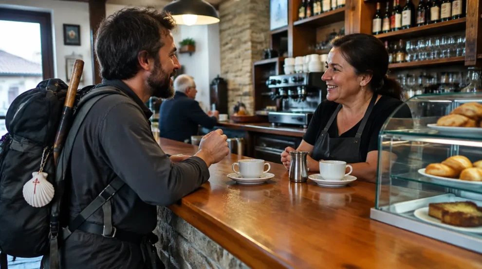 Peregrino usando frases em espanhol para pedir café em bar do Caminho de Santiago
