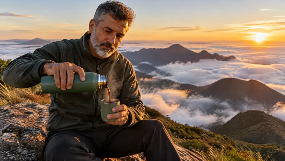Viajante servindo café de uma garrafa térmica de inox em mirante de montanha ao amanhecer