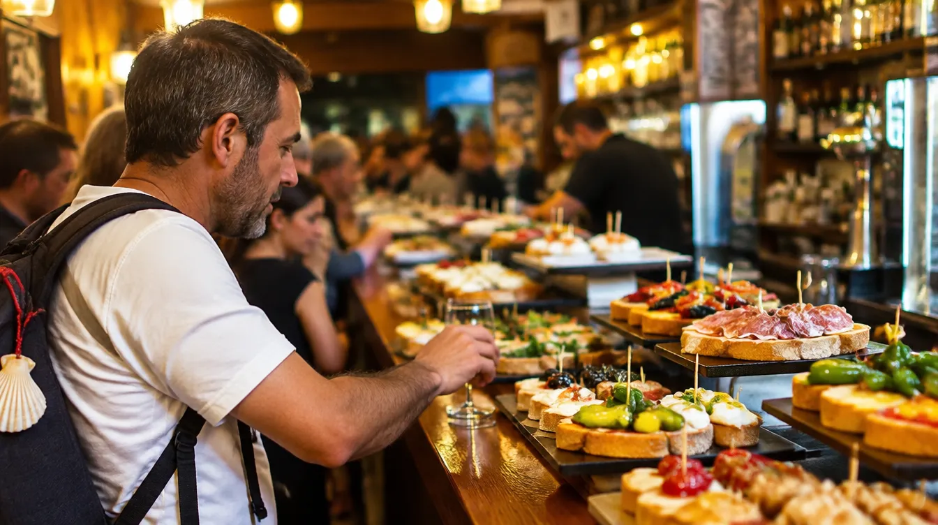 Peregrino escolhendo pintxos em bar de Pamplona, parte da gastronomia do Caminho Francês