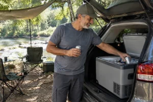Homem pegando bebida gelada de uma geladeira portátil no porta-malas de um carro estacionado em camping à beira de um rio