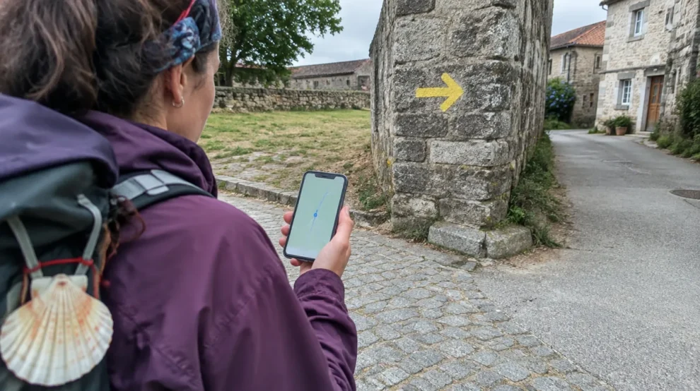Peregrino usando o Google Maps no celular em cruzamento do Caminho de Santiago