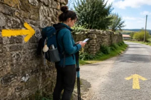Seta amarela e peregrino com celular: GPS ou setas no Caminho de Santiago