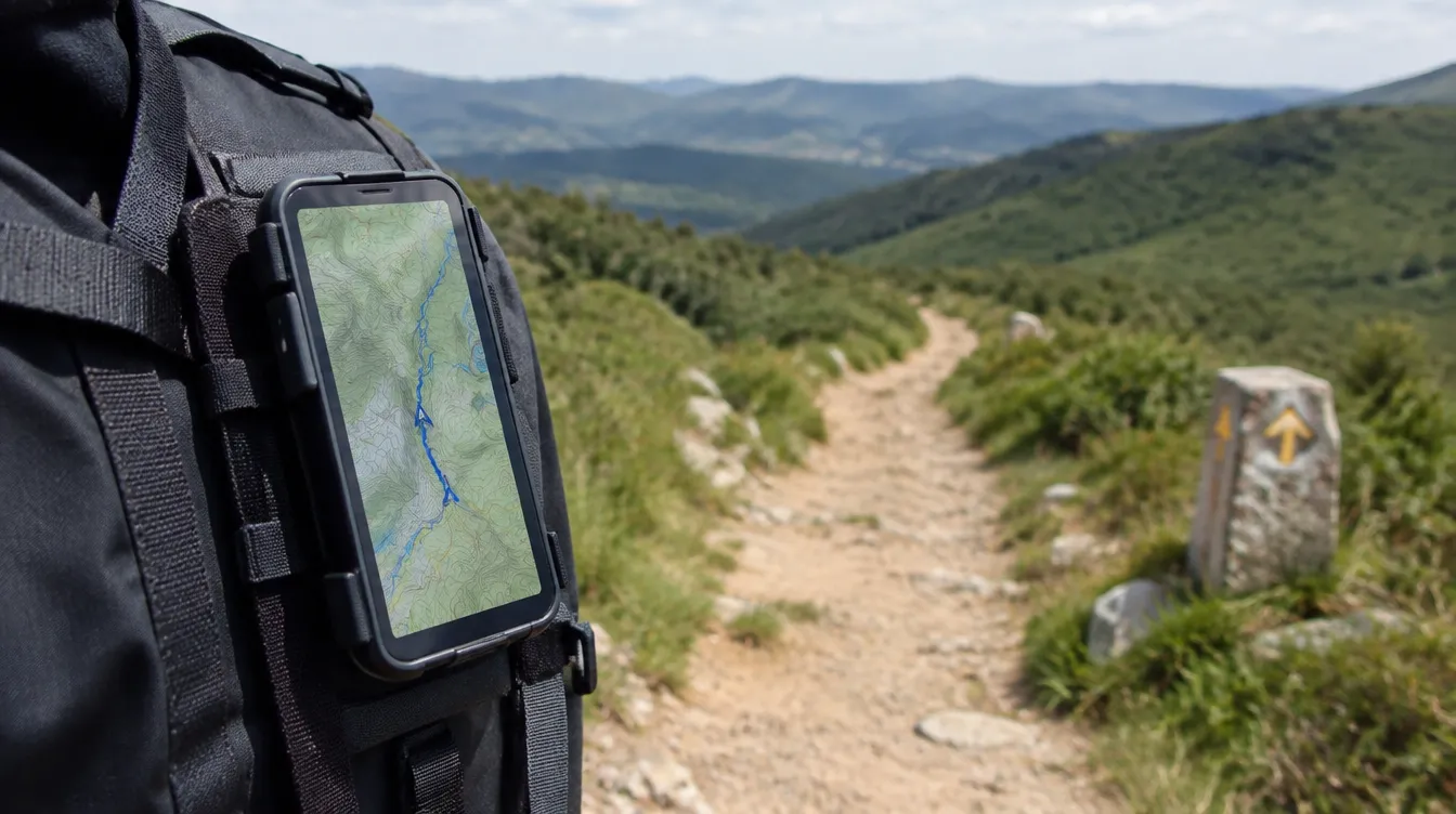 Celular na alça da mochila seguindo o GPX do Caminho de Santiago