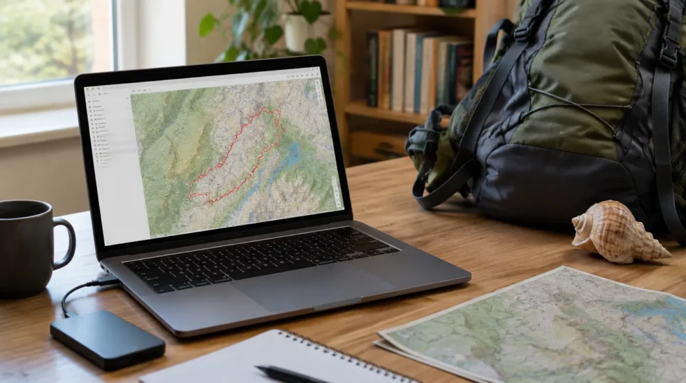 Trilha em mapa topográfico no notebook: preparando o GPX do Caminho de Santiago