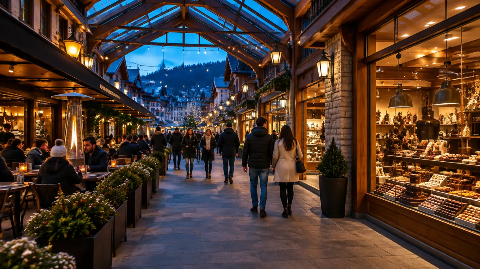 Rua coberta com cafés e luzes ao entardecer, em ilustração do centro de uma cidade de serra