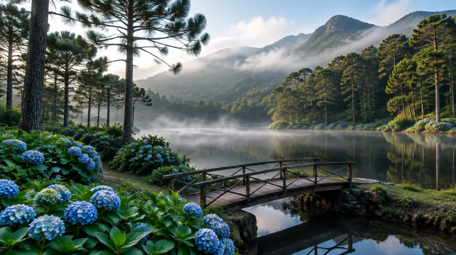 Lago com névoa, pinheiros e hortênsias azuis, em ilustração da paisagem da Serra Gaúcha