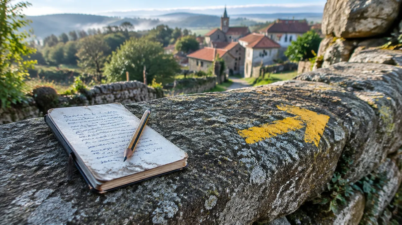 Caderno sobre muro ao lado da seta amarela, ritual de gratidão no Caminho