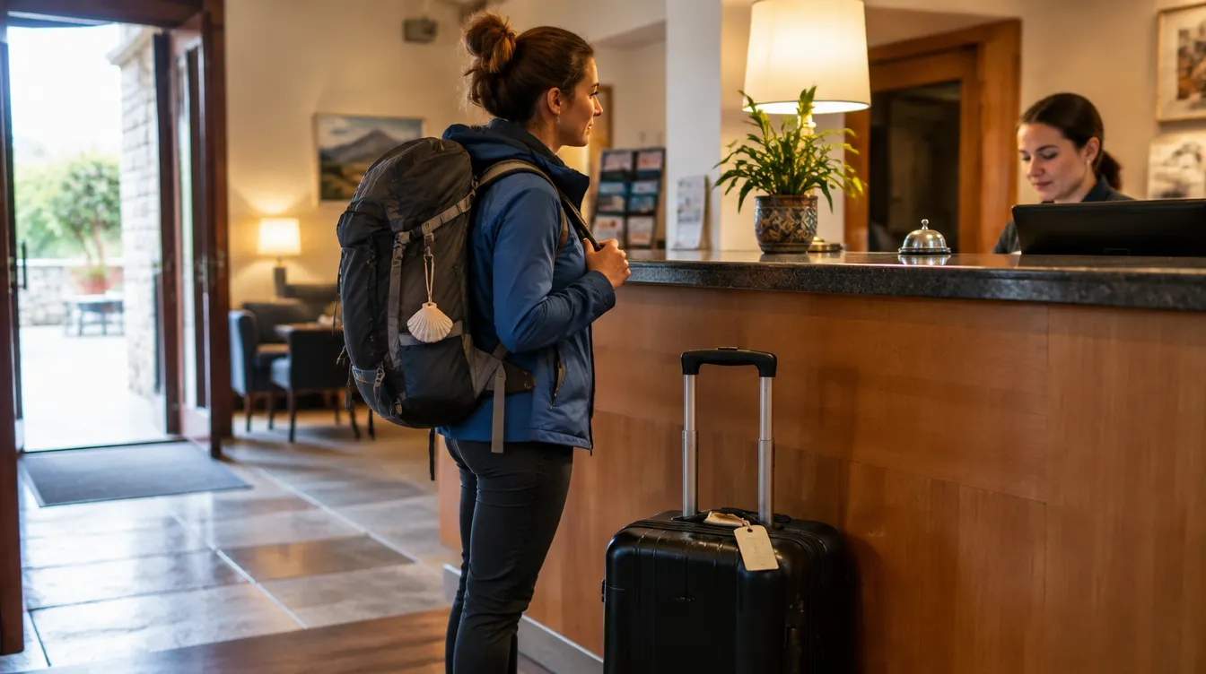 Peregrino deixando a mala no hotel antes de começar o Caminho de Santiago
