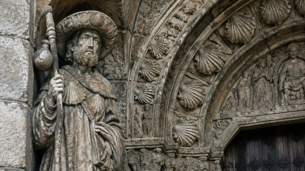 Portal românico com conchas e estátua de São Tiago peregrino, parte da história do Caminho de Santiago