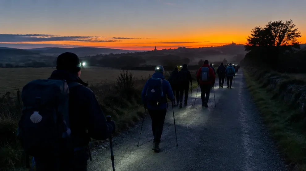 Peregrinos começando a caminhar ao amanhecer: horário de saída no Caminho de Santiago