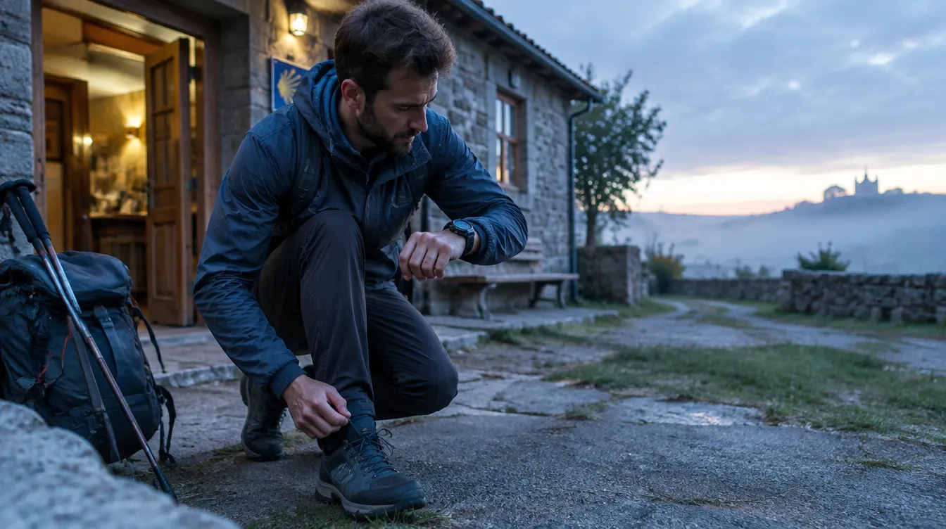 Peregrino conferindo o relógio antes de começar a caminhar no Caminho de Santiago