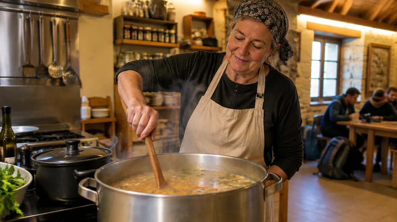 Hospitaleiro voluntário preparando sopa para os peregrinos no albergue