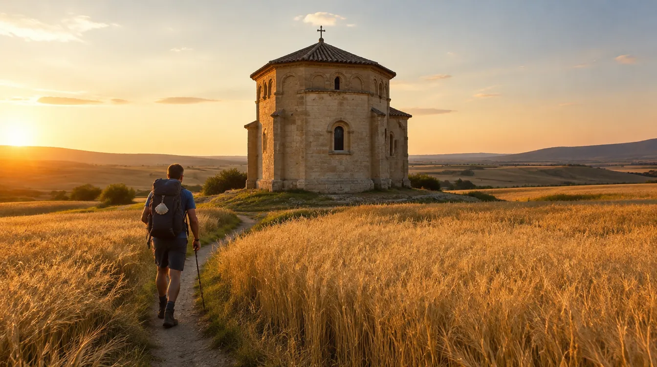Igreja românica octogonal em meio aos campos, entre as igrejas do Caminho Francês