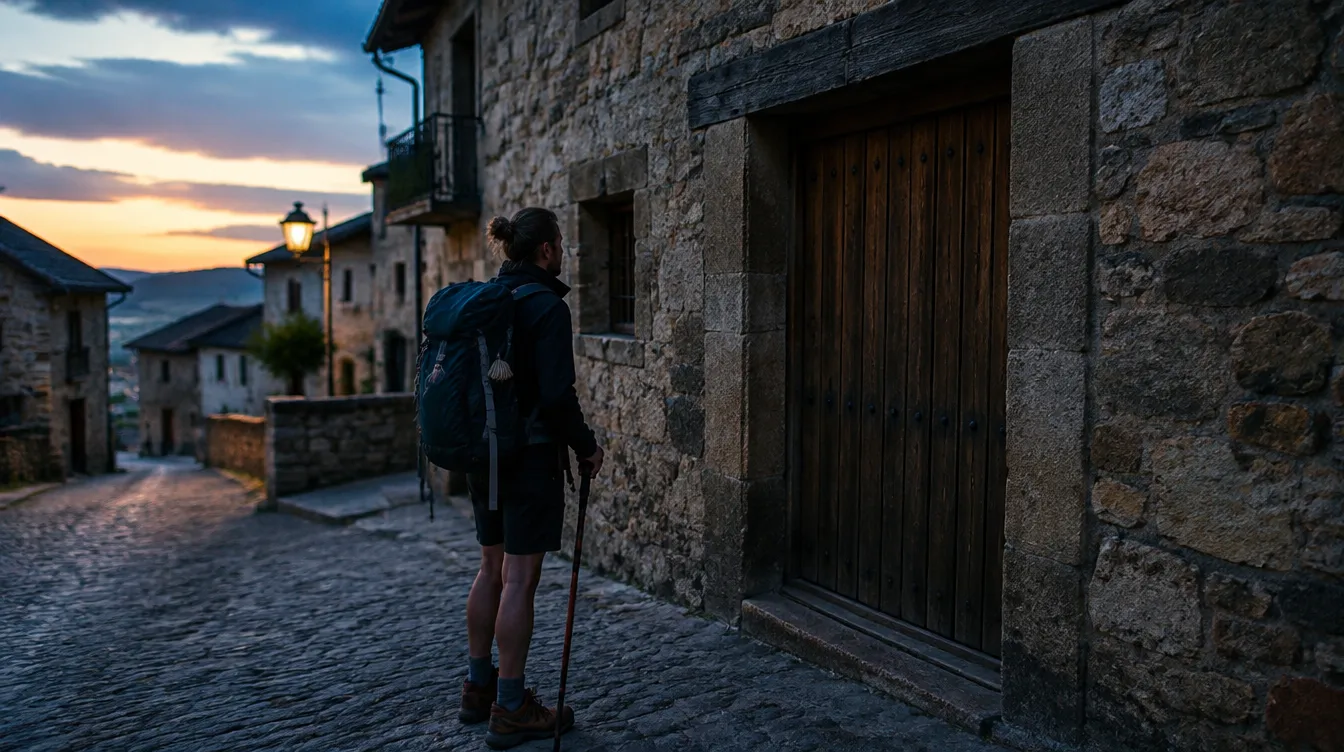 Peregrino diante de albergue fechado, imprevisto comum no Caminho de Santiago