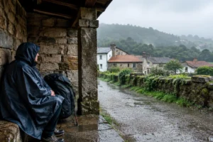 Peregrino se abrigando da chuva, um dos imprevistos do Caminho de Santiago