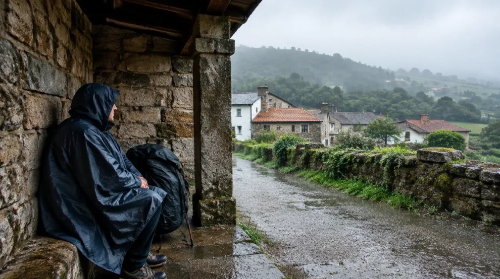 Peregrino se abrigando da chuva, um dos imprevistos do Caminho de Santiago
