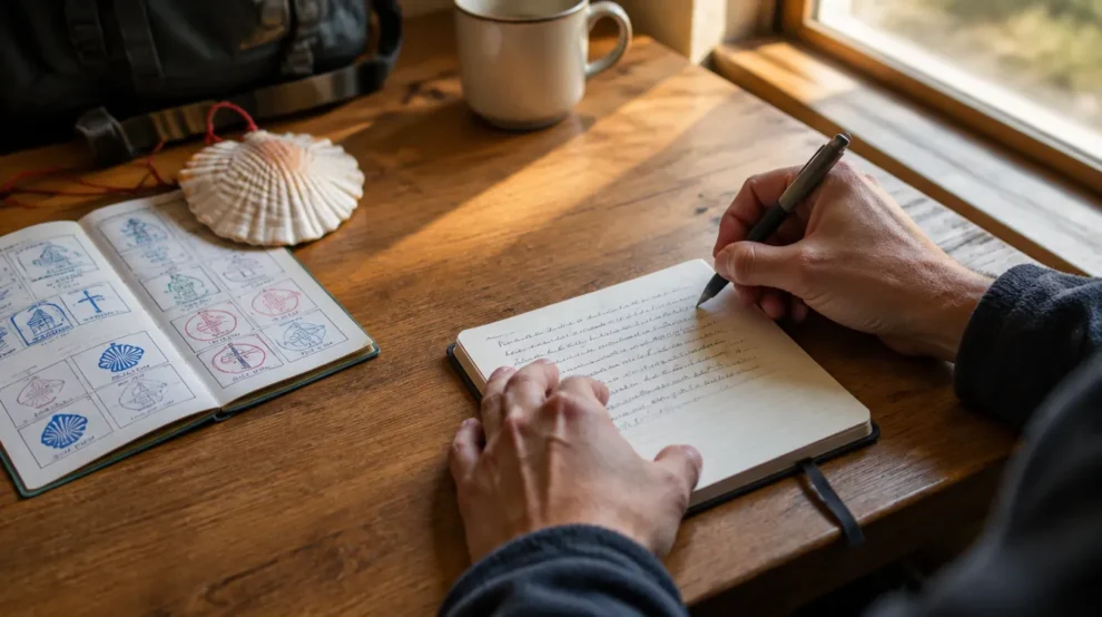 Mãos escrevendo no caderno ao lado da credencial: definir a intenção para o Caminho de Santiago