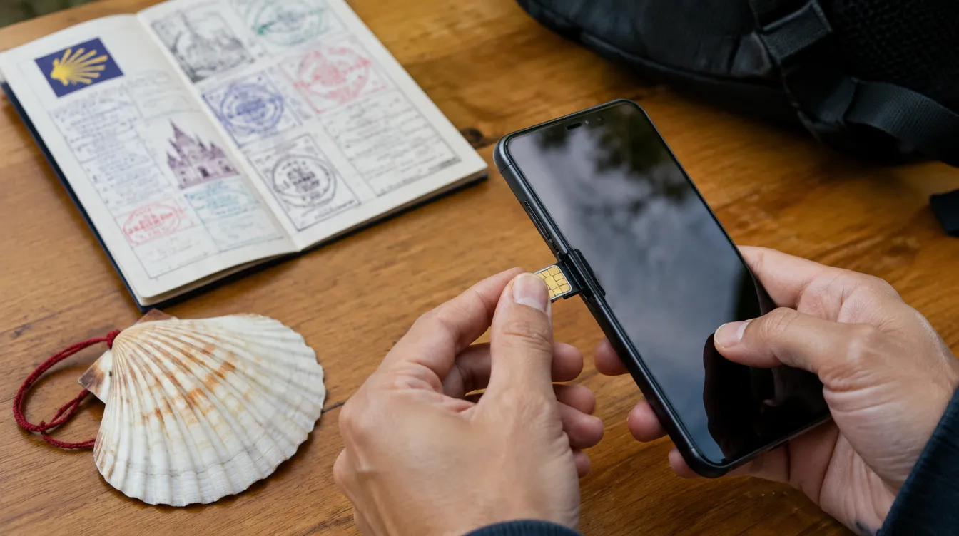Chip sendo colocado no celular para ter internet no Caminho de Santiago
