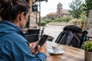 Peregrino usando wi-fi em café de vilarejo: internet no Caminho de Santiago