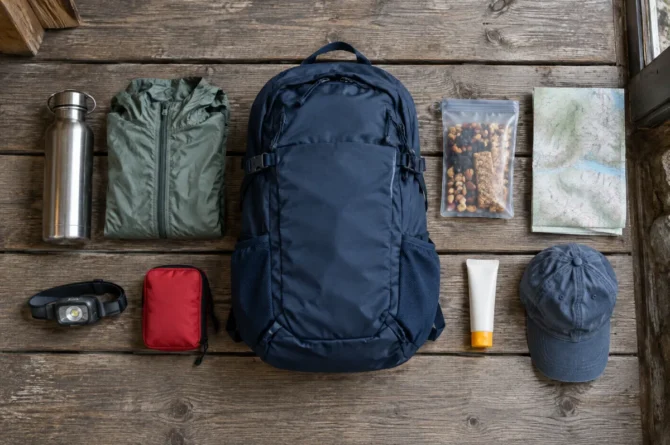 Mochila de ataque aberta sobre deck de madeira com garrafa, anorak, lanterna de cabeça, kit de primeiros socorros, lanche, mapa, protetor solar e boné