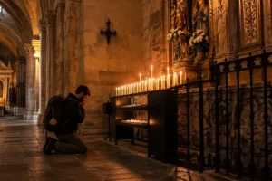 Peregrino em oração em capela da catedral: jubileu, indulgência e Compostela