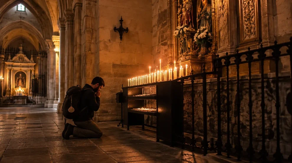 Peregrino em oração em capela da catedral: jubileu, indulgência e Compostela