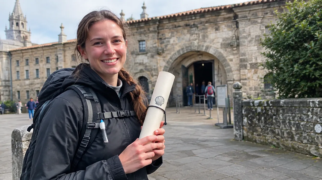 Peregrino com o tubo da Compostela em Santiago, diferente do jubileu e da indulgência