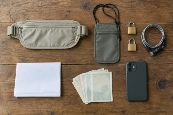 Kit antifurto de viagem sobre mesa de madeira: doleira, porta-passaporte de pescoço, cadeados, cabo de aço e cópia de documentos