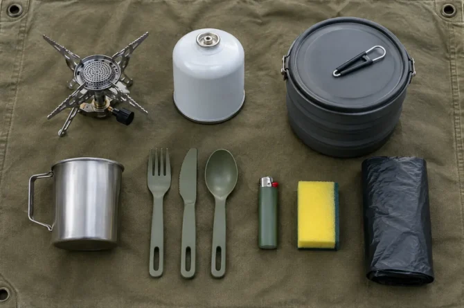 Kit de cozinha de camping organizado sobre lona: fogareiro, cartucho, panela, caneca, talheres, isqueiro, esponja e saco de lixo