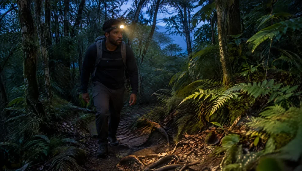 Trilheiro com lanterna de cabeça acesa caminhando em trilha de Mata Atlântica ao anoitecer