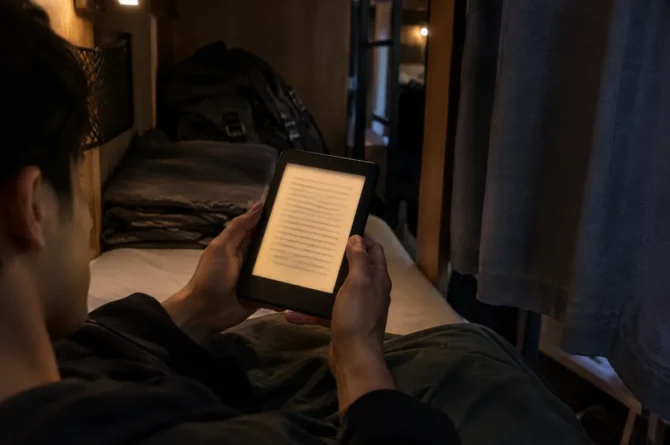 Mãos segurando um leitor digital com a luz frontal âmbar acesa num beliche de hostel à noite