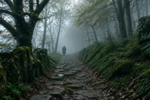 Caminho de pedra em bosque galego com neblina, cenário das lendas do Caminho de Santiago
