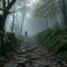 Caminho de pedra em bosque galego com neblina, cenário das lendas do Caminho de Santiago