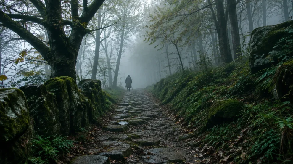 Caminho de pedra em bosque galego com neblina, cenário das lendas do Caminho de Santiago